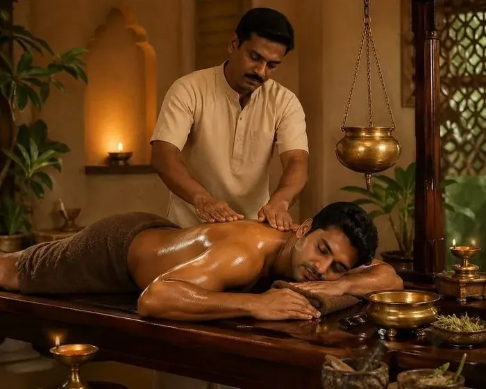 Traditional Abhyanga Ayurvedic massage at Kaya Kalp Kutir, Kumbh Ganga Retreat — brass vessels, candlelight, certified Ayurvedic therapist
