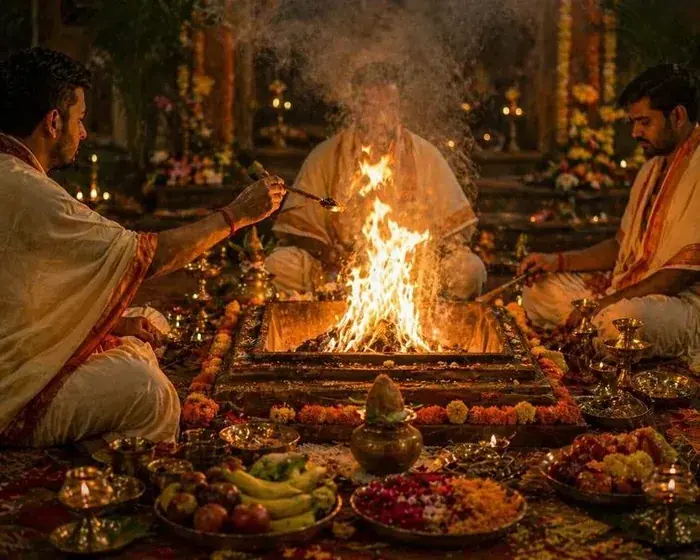 Sacred Vedic Hawan fire ceremony with pandits at Kaya Kalp Kutir, Kumbh Ganga Retreat — marigold offerings, brass lamps, sacred fire