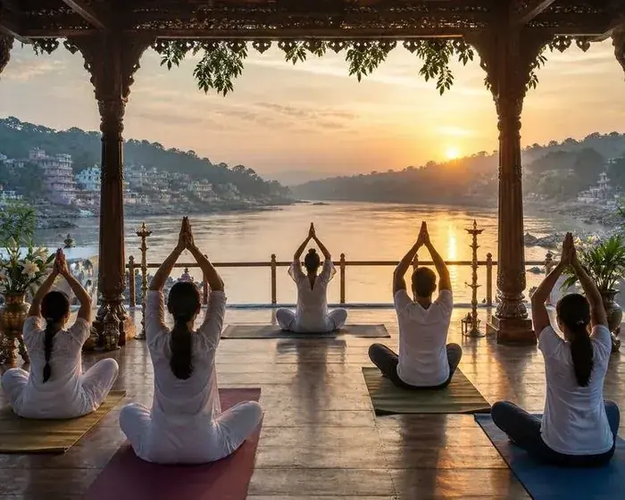 Sunrise Ganga Yoga on carved wooden pavilion overlooking the Godavari river at Kumbh Ganga Retreat — group yoga with golden river views