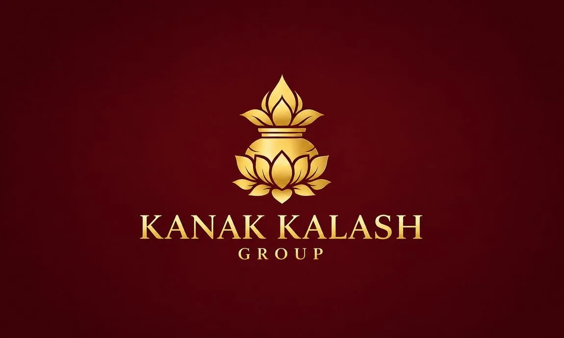 Kanak Kalash & Group — golden kalash and lotus emblem on deep maroon