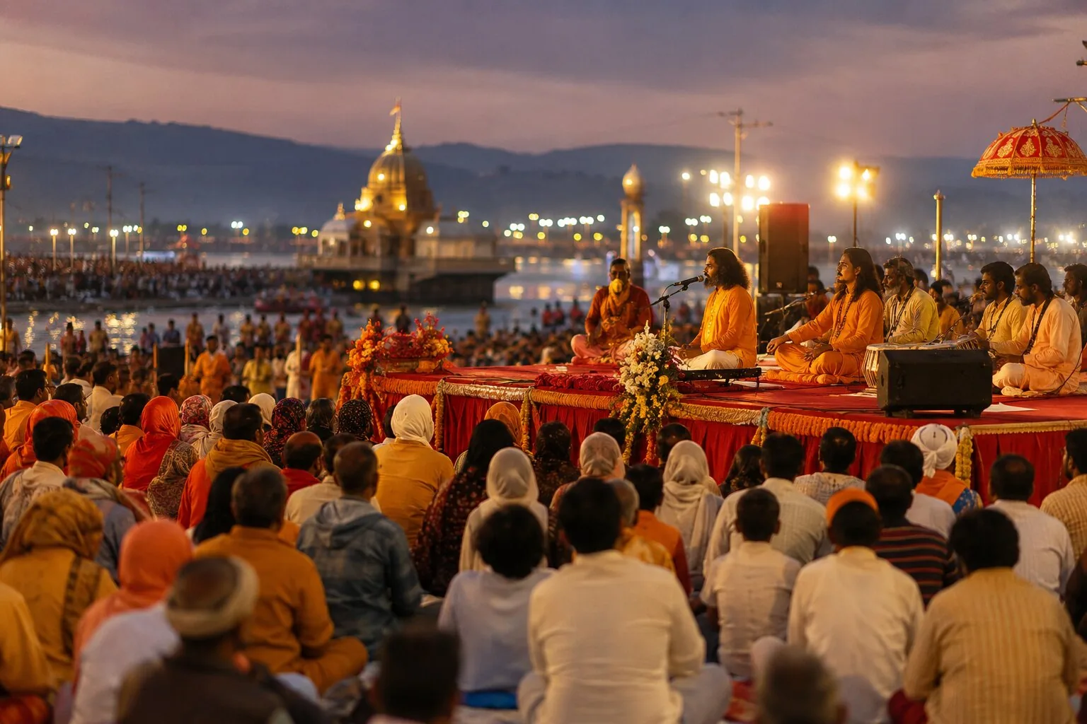 Families gathered for spiritual discourses and bhajans — multi-generational pilgrimage at Nashik Kumbh