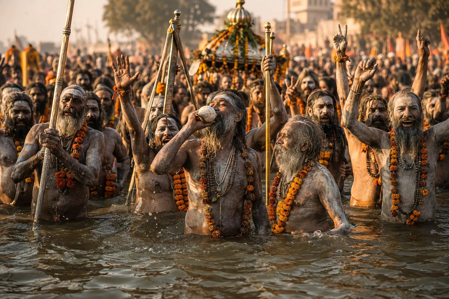 Naga Sadhus of the akharas at the Kumbh Mela Shahi Snan procession