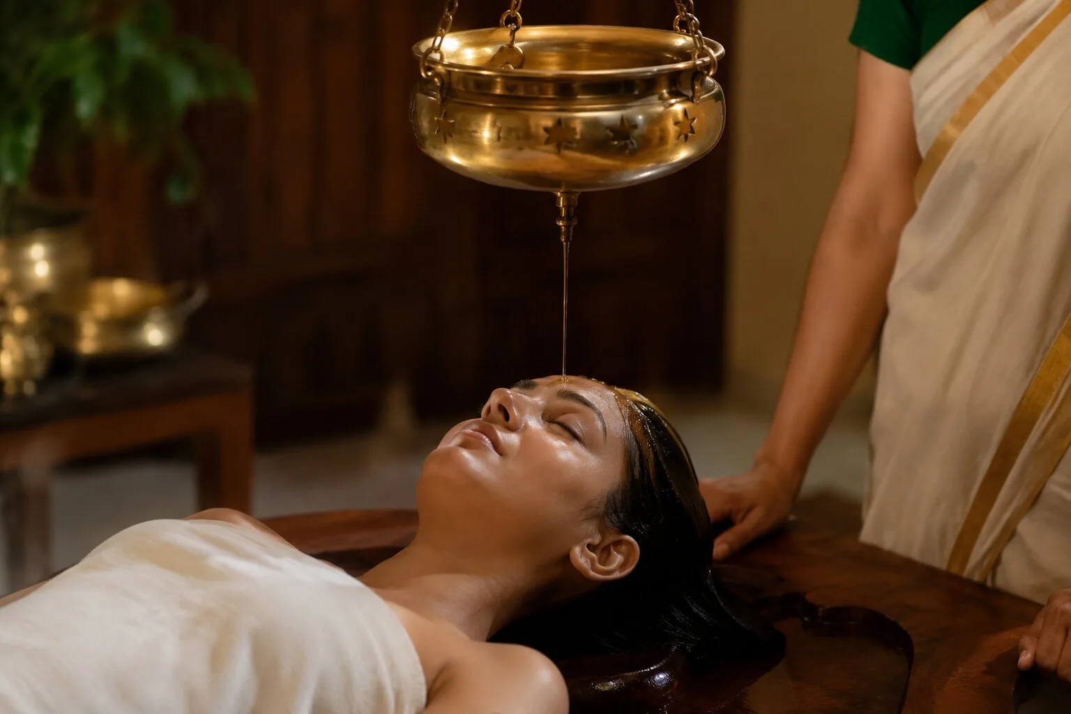 Shirodhara Ayurvedic wellness treatment during monsoon season at Kumbh Ganga Retreat